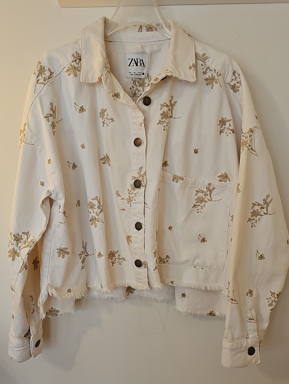 NWOT ZARA Cream Floral Embroidery Oversized Button-Front Denim Jacket